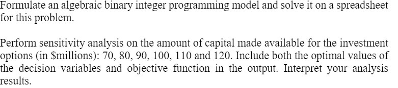 Formulate an algebraic binary integer programming model and solve it on