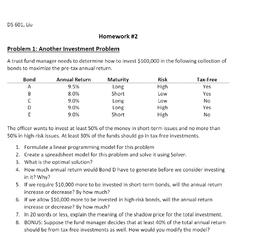  os sol, Liu Homework #2 Problem 1: Another Investment Problem A
