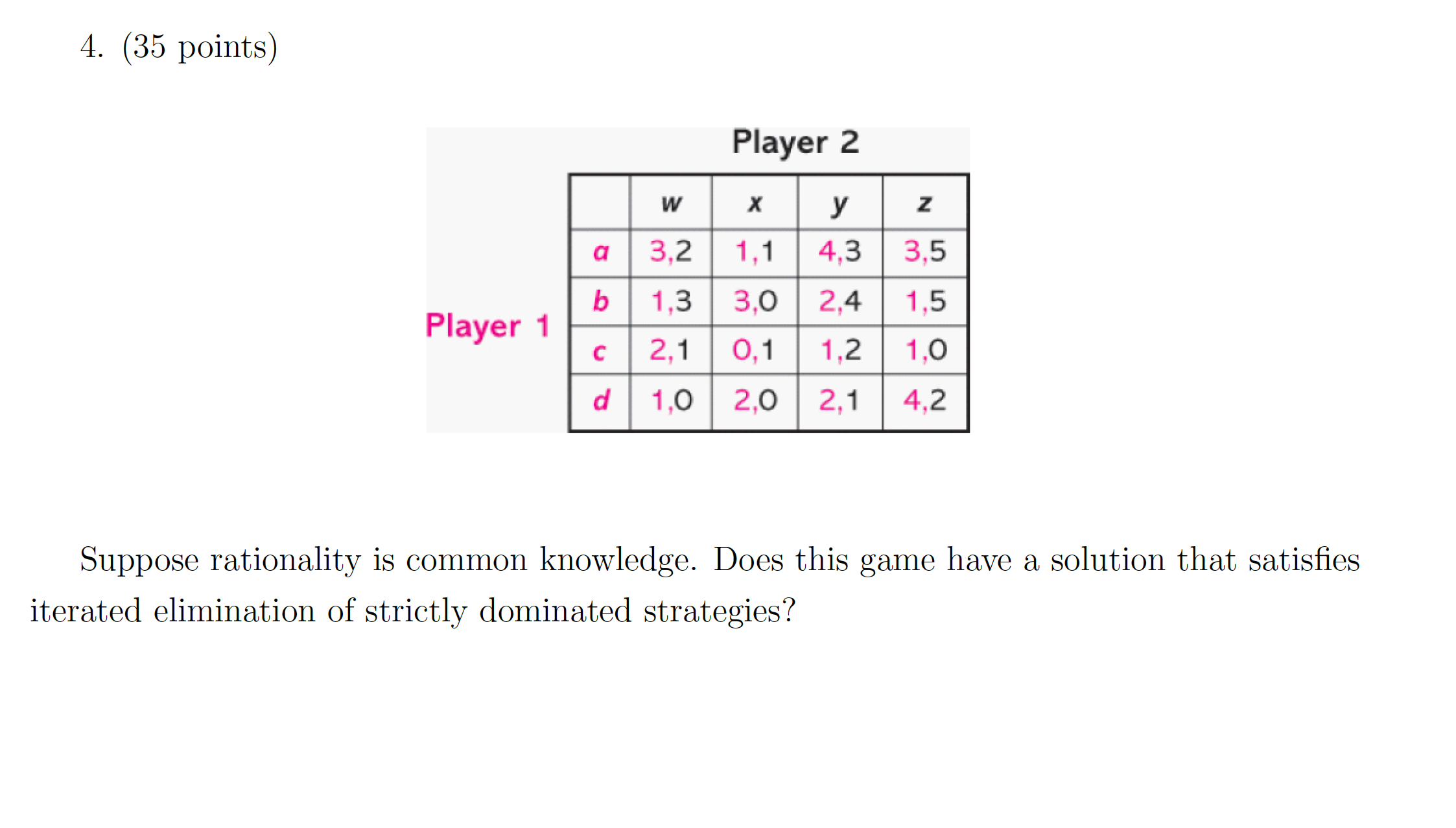 please answer the following question: 4. (35 points) Player 2 W X