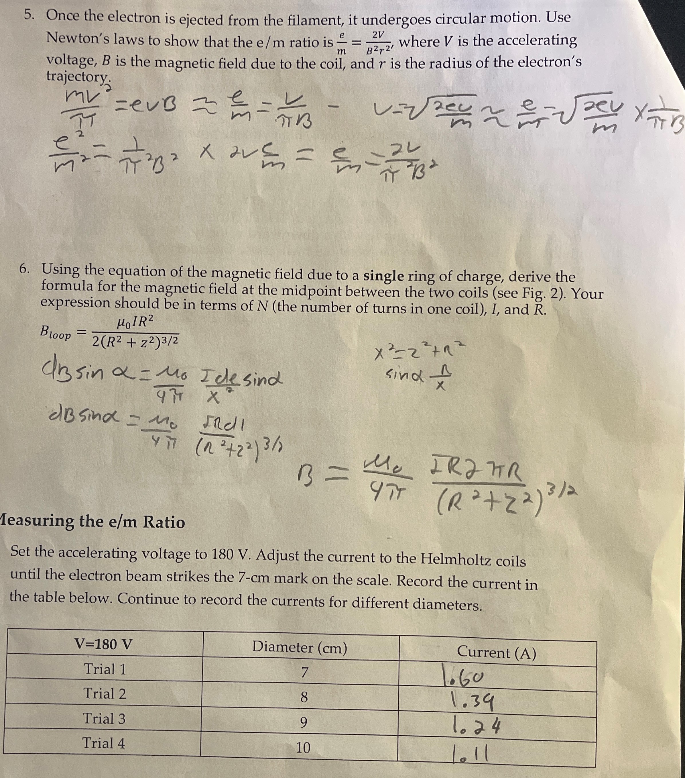 the table below. I = 1. Diameter (cm) Voltage (V) Trial 1