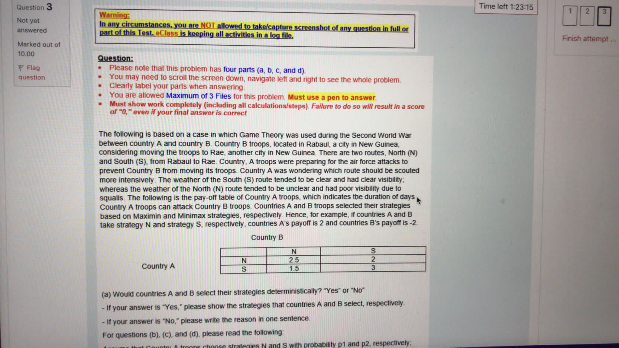  Question 3 Time left 1:23:15 2 Warning: 3 Not yet answered