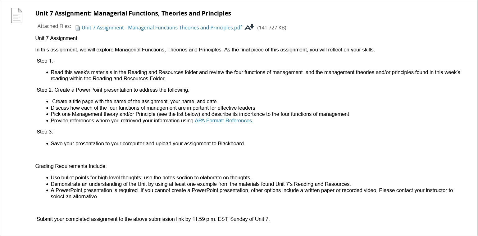  Unit 7 Assignment: Managerial Functions, Theories and Principles Attached Files: Unit