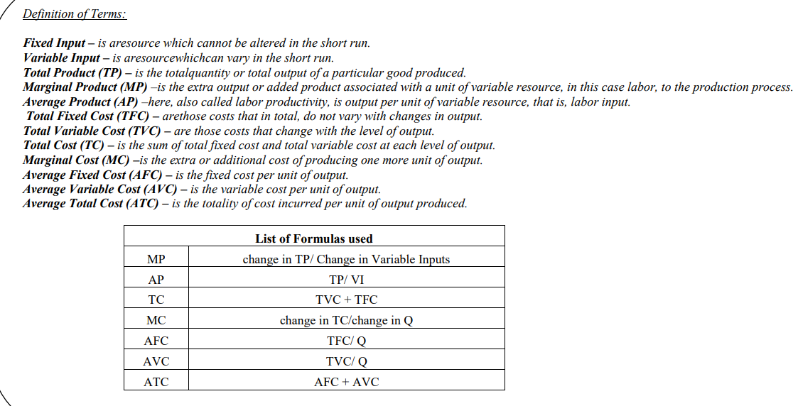  Definition of Terms: Fixed Input - is aresource which cannot be