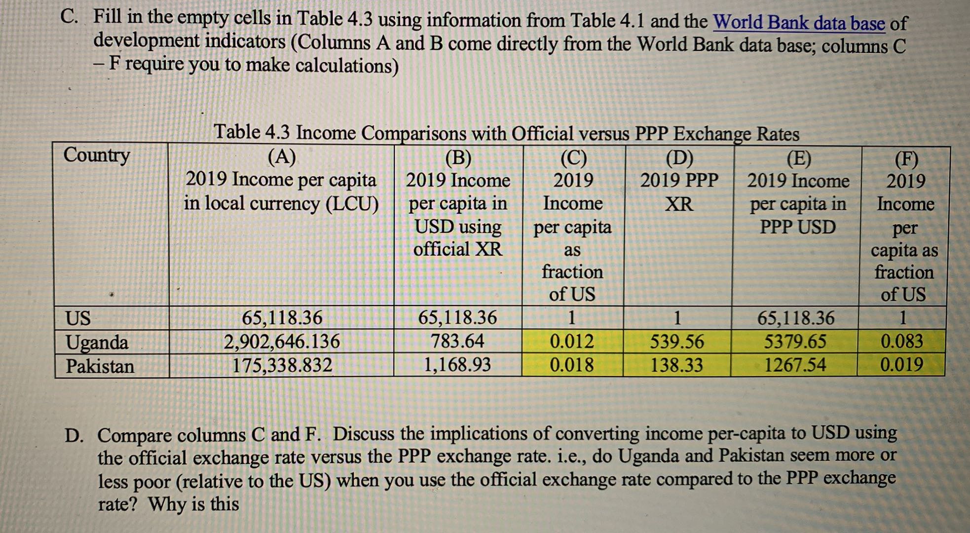 Please answer question D C. Fill in the empty cells in Table