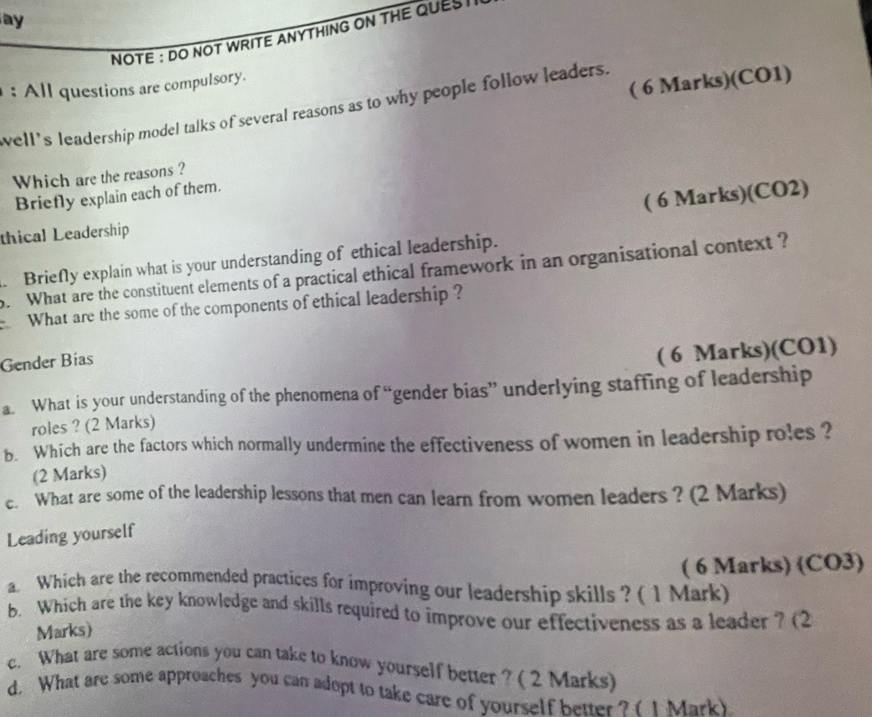  NOTE : DO NOT WRITE ANYTHING ON THE QUEST : All