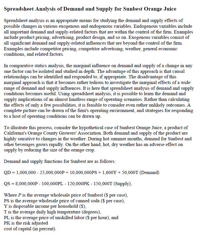 Questions: A.Distinguish between Sunbest orange juice demand function and Sunbest orange juice