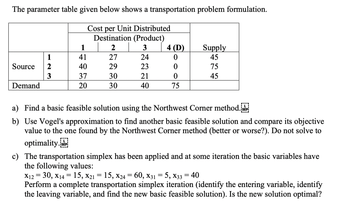  The parameter table given below shows a transportation problem formulation. Cost