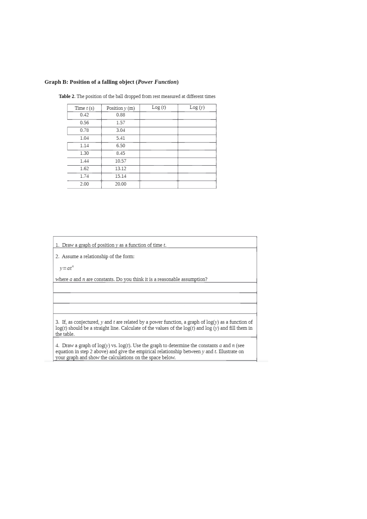  Graph B: Position of a falling object (Power Function) Table 2.