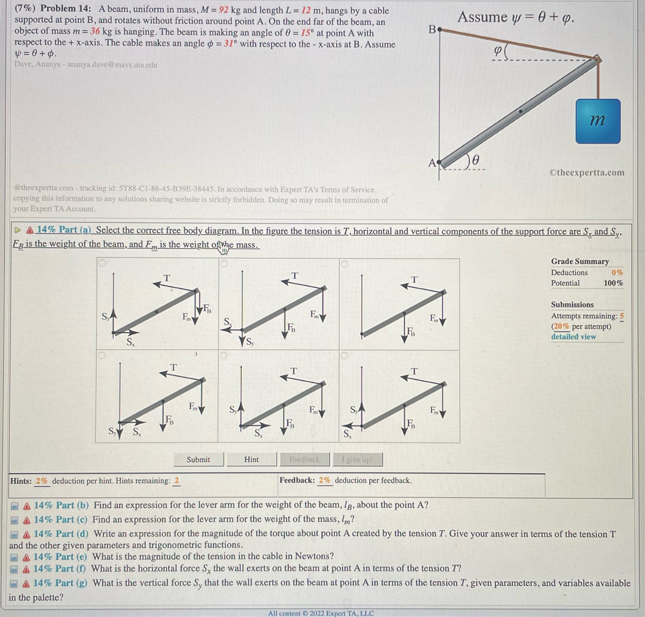 (7%) Problem 14: A beam, uniform in mass, M = 92