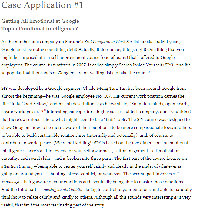  Case Application #1 Getting All Emotional at ICioogle Topic: Emotional intelligence?