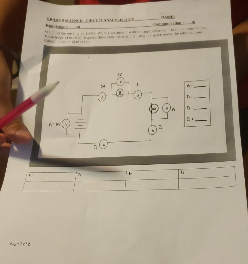 please answer soon GRADE 9 SCIENCE: CIRCUIT ANALYSIS QUIZ NAME: Knowledge =