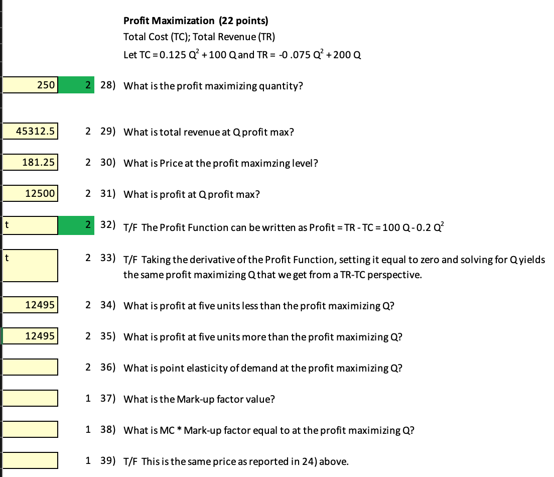 Please Explain 36-39 Profit Maximization (22 points) Total Cost (TC); Total Revenue