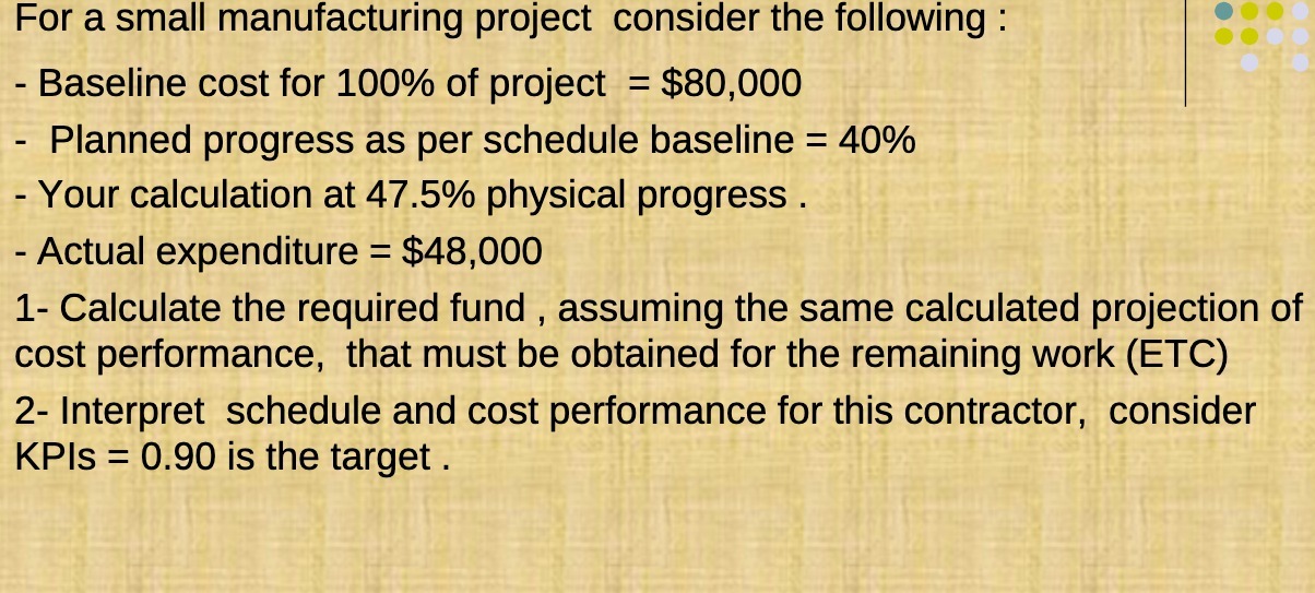  For a small manufacturing project consider the following : - Baseline
