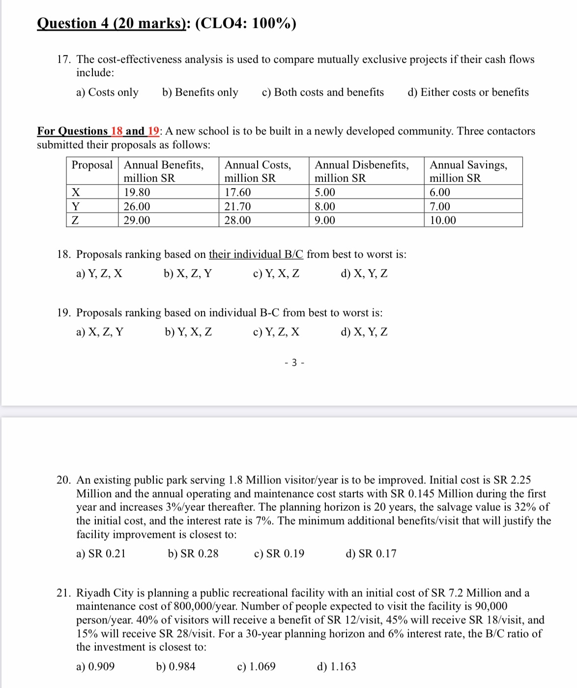 multiple choice questions Question 4 (20 marks): (CLO4: 100%) 17. The cost-effectiveness