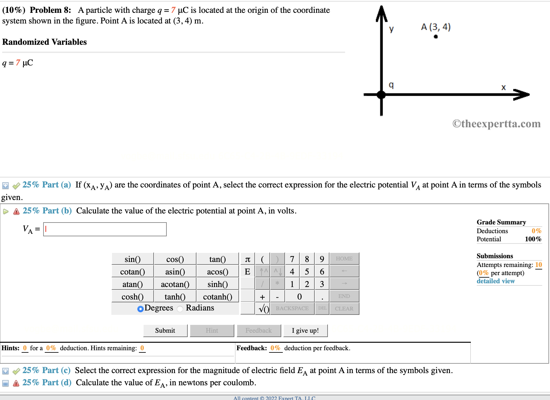 (10%) Problem 8: A particle with charge q = 7 JC