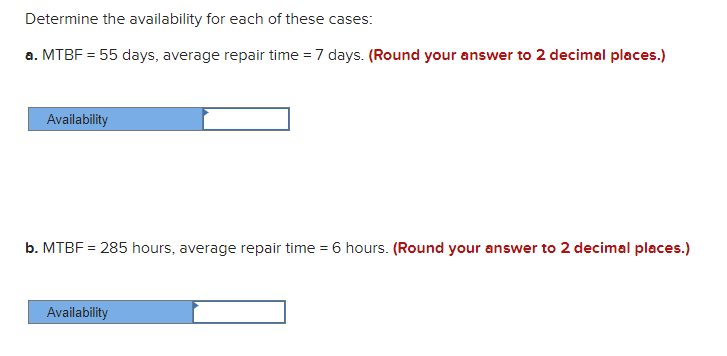 Determine the availability for each of these cases: a. MTBF =