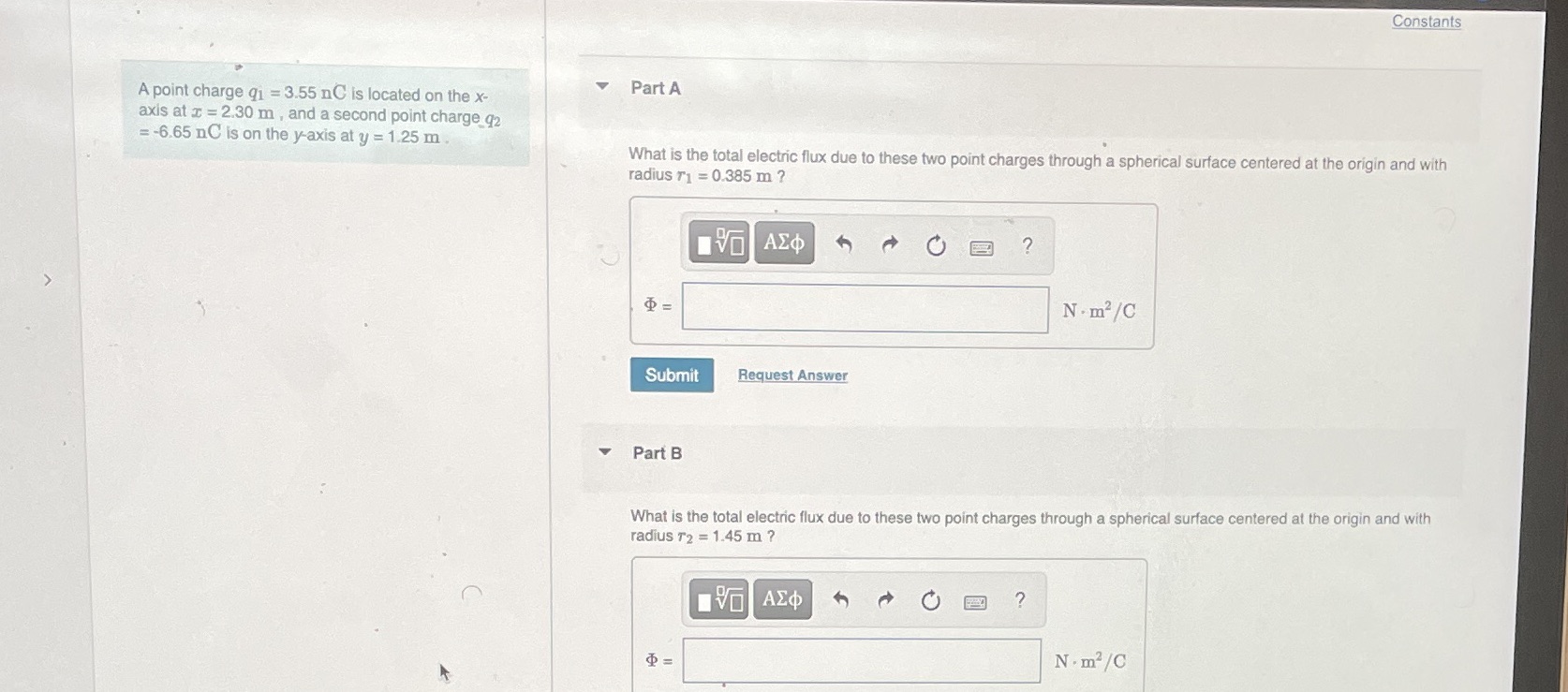 Need this asap Constants V A point charge qi = 3.55 n