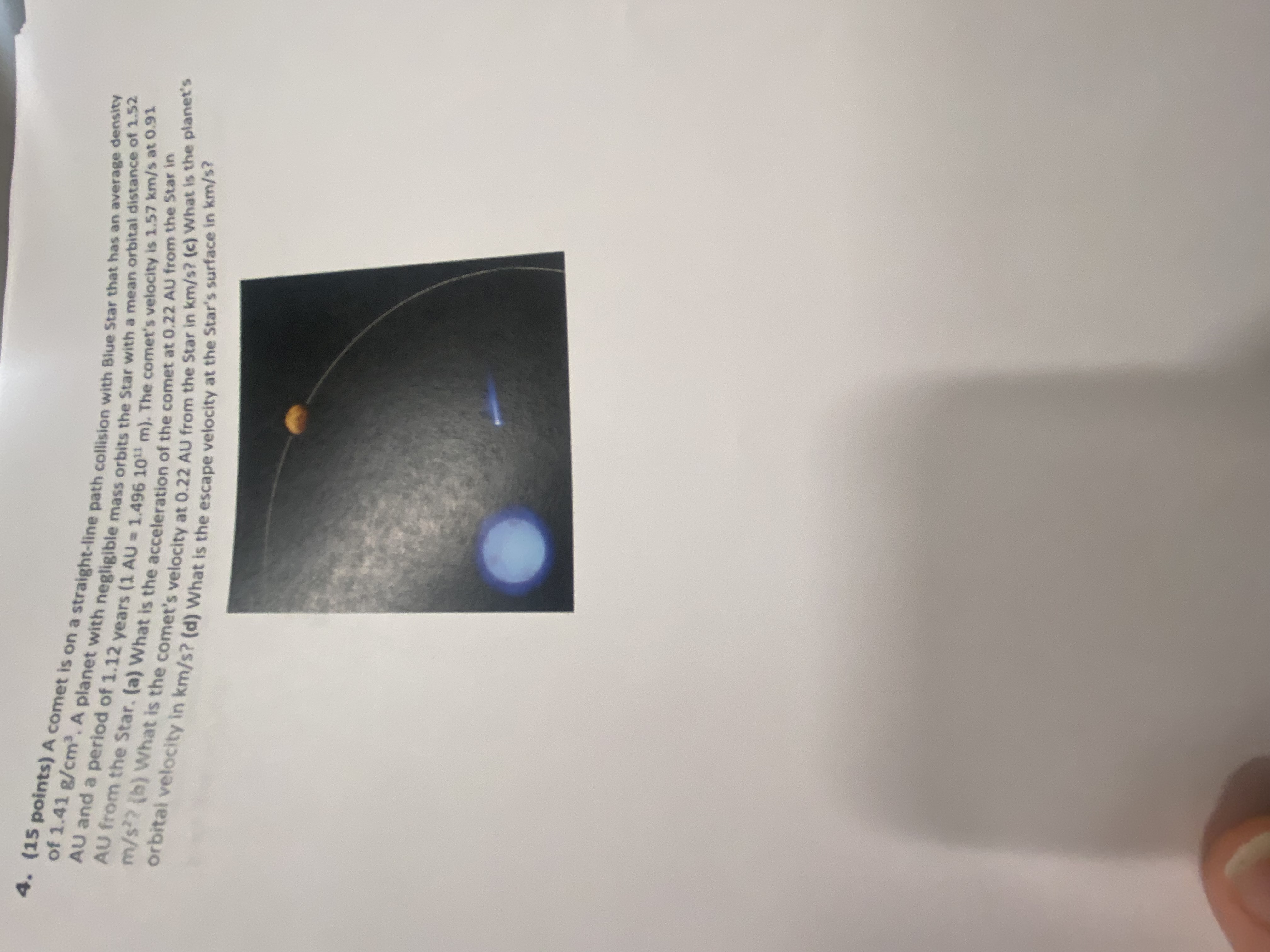  4. ( (15 points) A comet is on a straight-line path