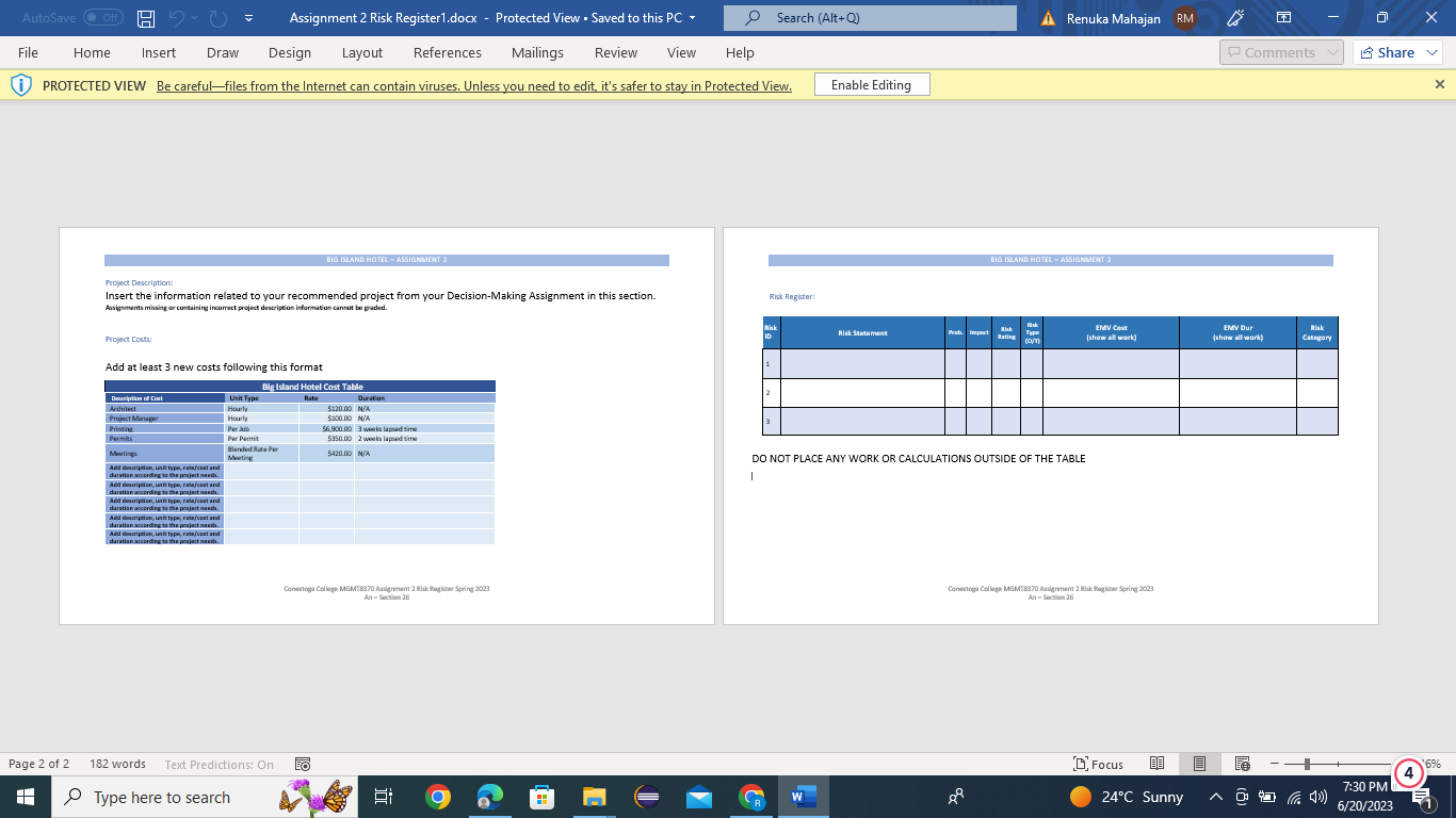  AutoSave (O Off) Assignment 2 Risk Register1.docx - Protected View .