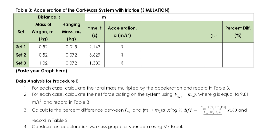 fill out the missing values Table 3: Acceleration of the Cart-Mass System