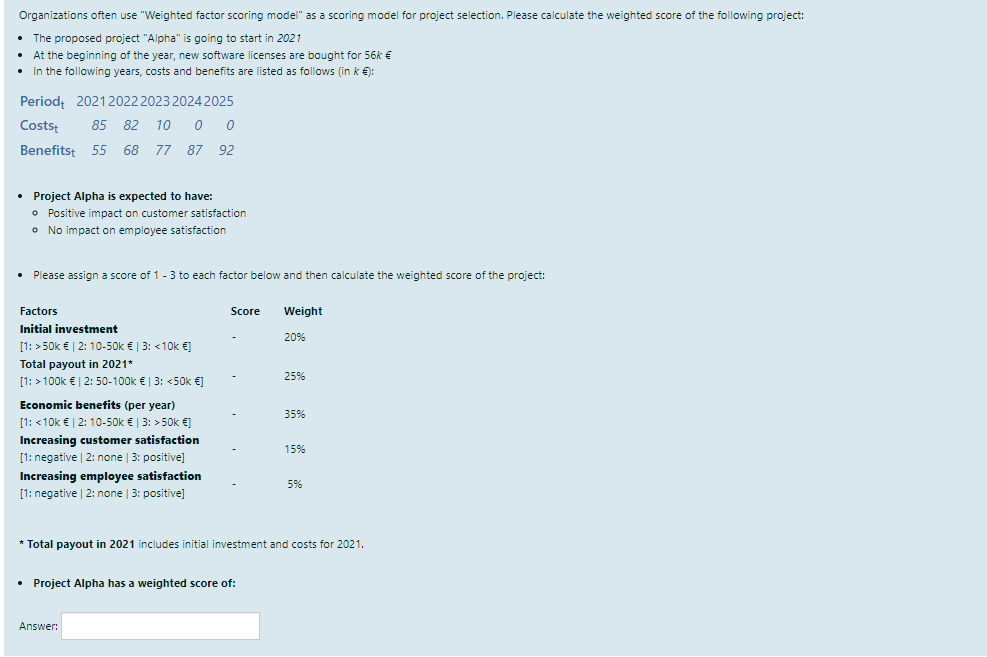  Organizations often use "Weighted factor scoring model" as a scoring model