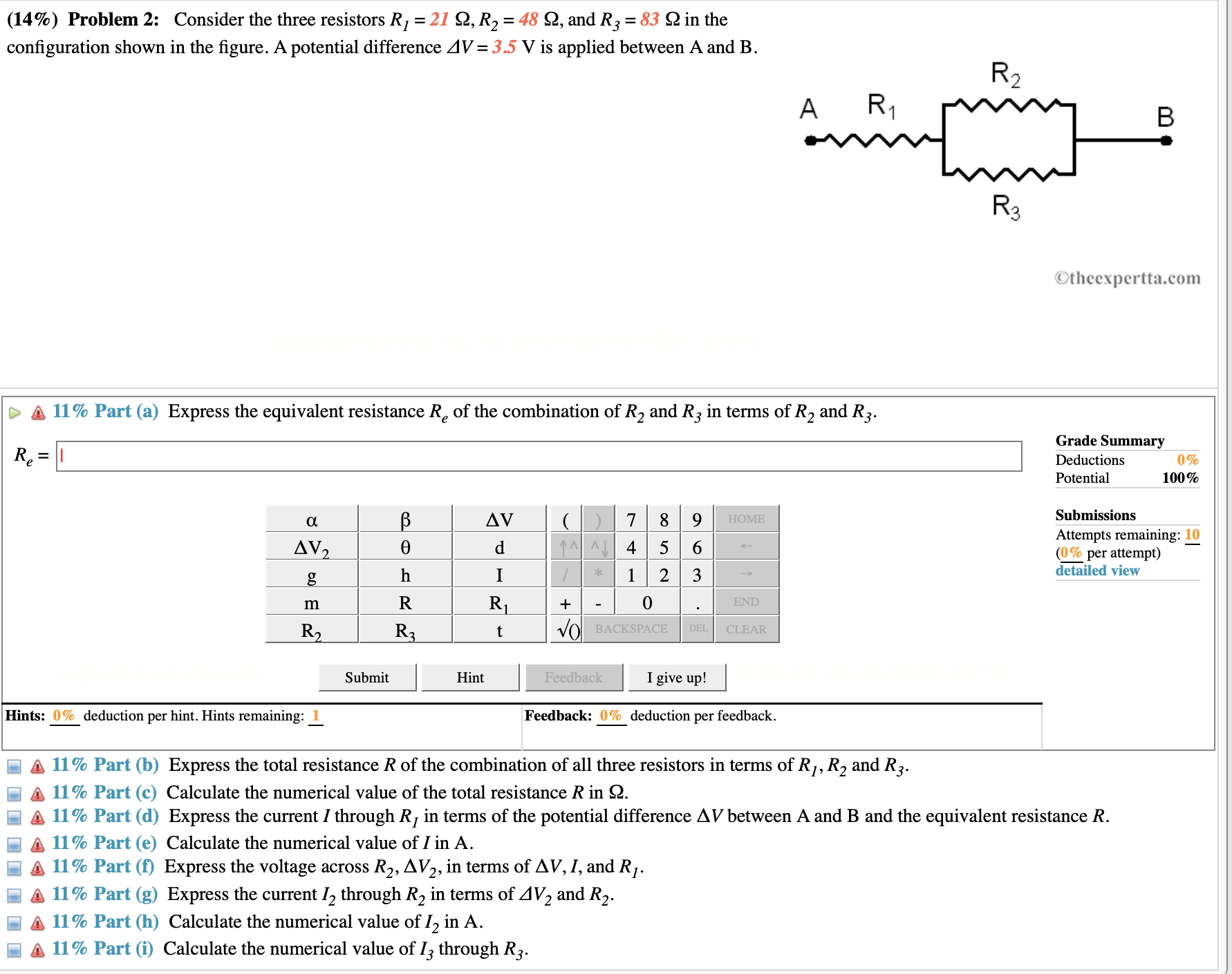  (14%) Problem 2: Consider the three resistors R1 = 21 9,