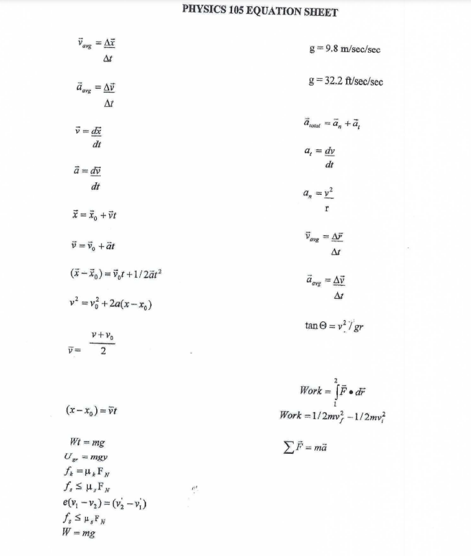 PHYSICS 105 EQUATION SHEET g = 9.8 m/sec/sec At g =