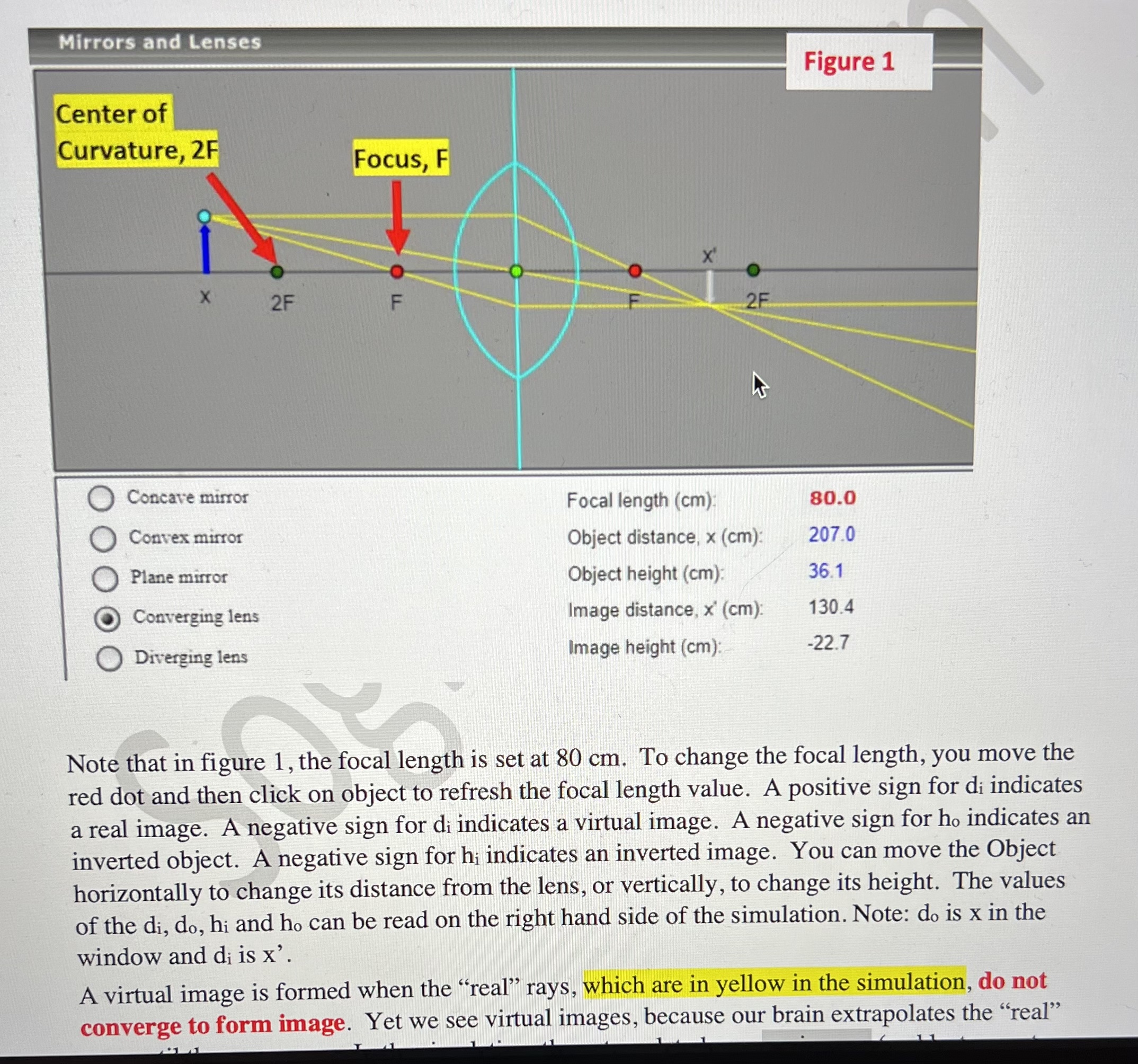 extrapolate the "real" rays, which are in yellow, until they converge. These