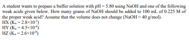 A student wants to prepare a buffer solution with pH=5.80 using