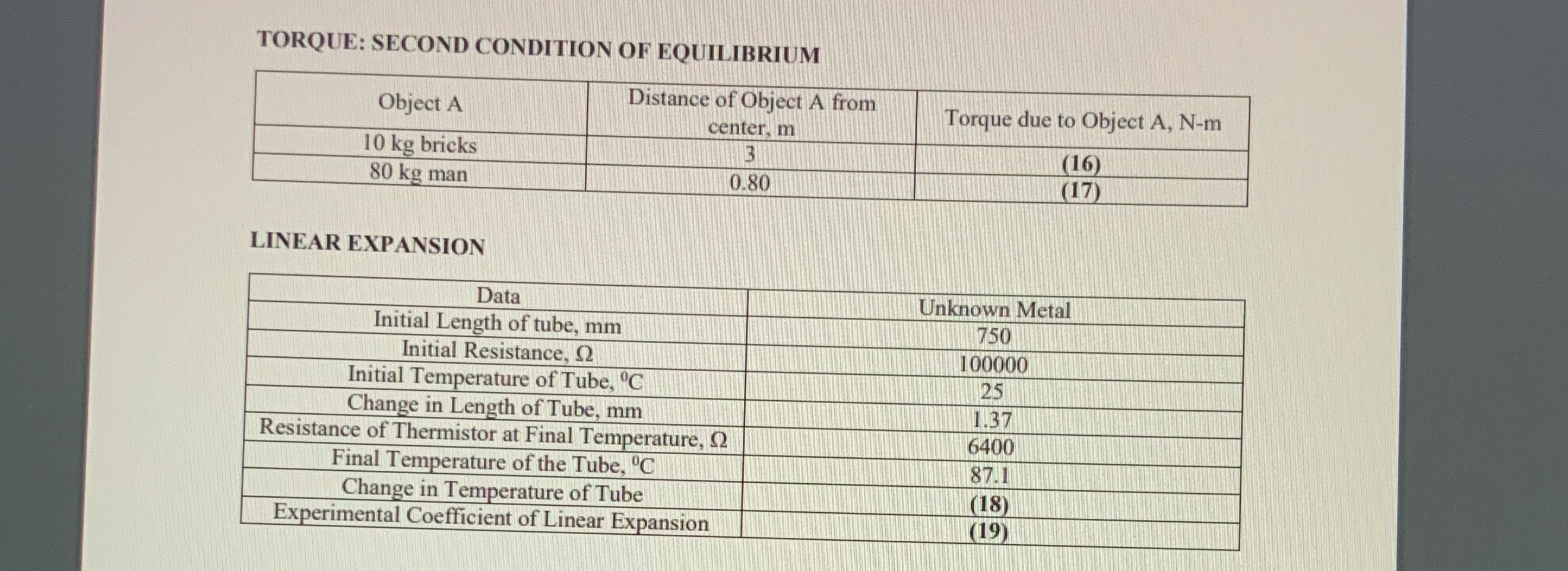 Answer number 16-19 TORQUE: SECOND CONDITION OF EQUILIBRIUM Object A Distance of