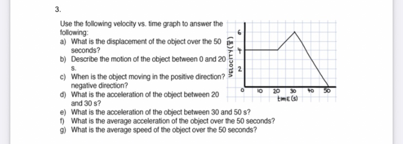 3. Use the following velocity vs. time graph to answer the