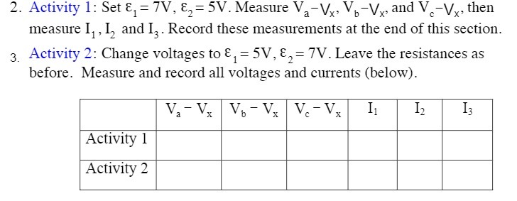  2. Activity 1: Set 1 = 7V, Es: 5V. Measure ValVI,