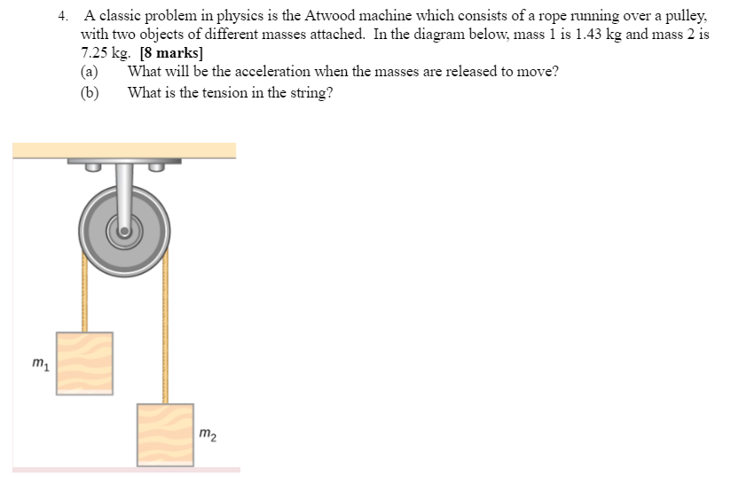  4. A classic problem in physics is the Atwood machine which