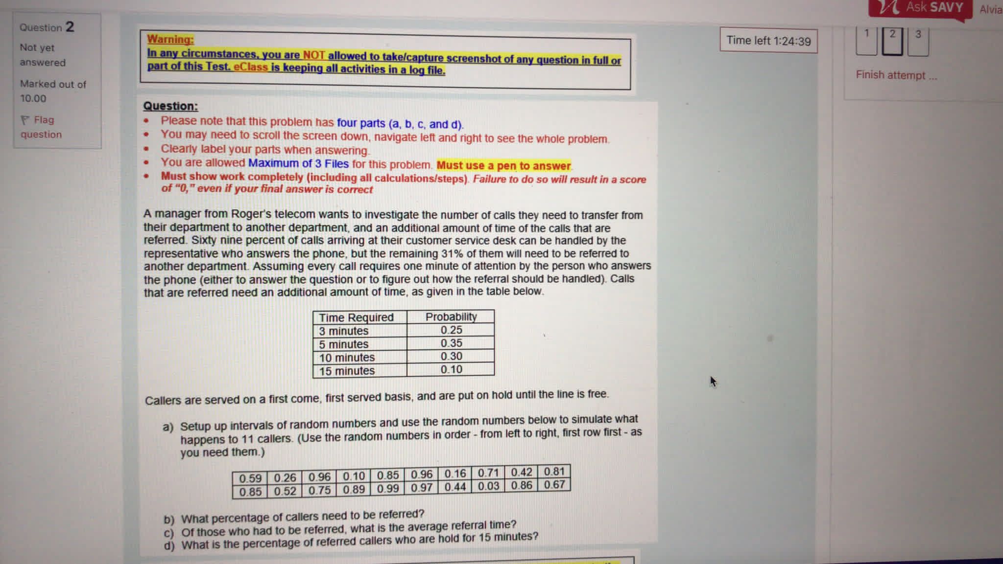  Ask SAVY Alvia Question 2 Warning: 3 Not yet Time left