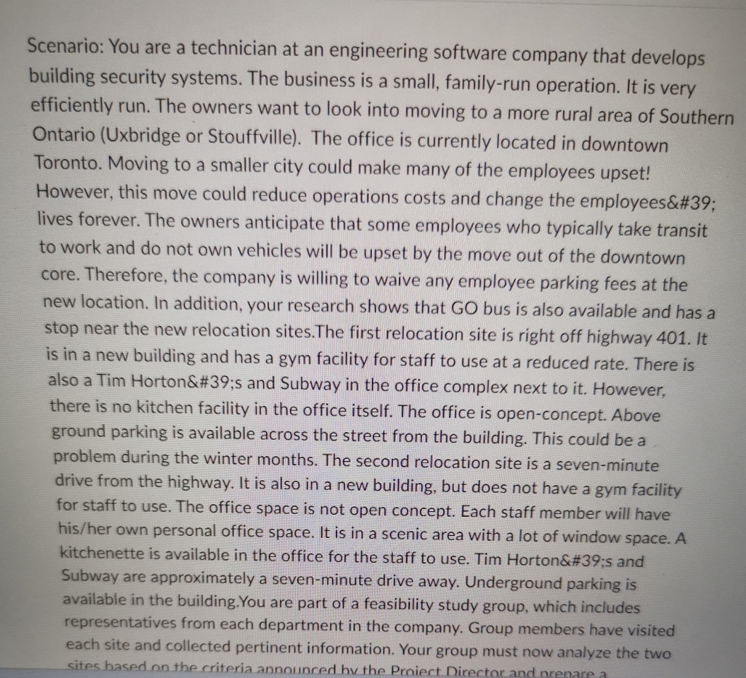 Missing information: Your group must now analyze the two sites based on