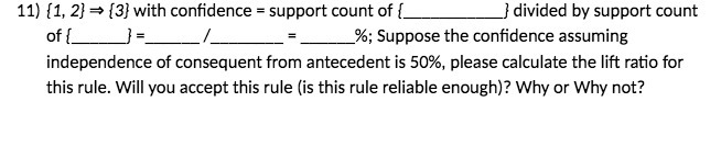 11) [1, 2} = {3} with condence = support count of