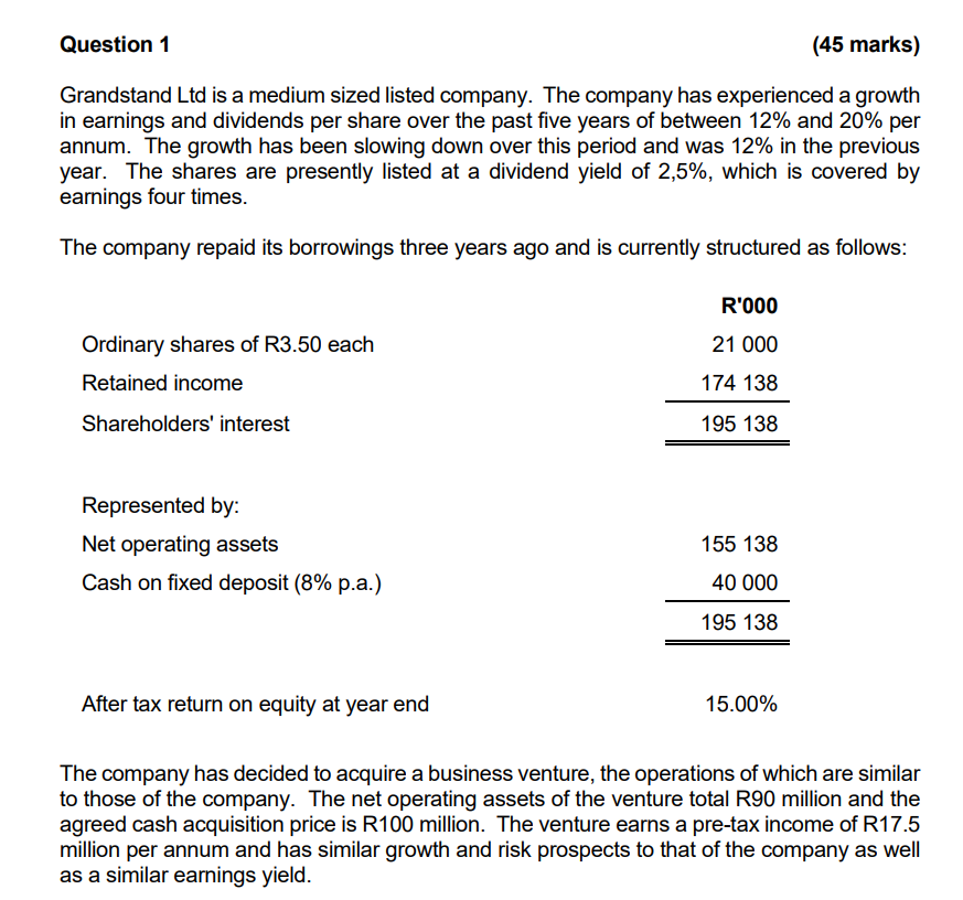  Question 1 {45 marks] Grandstand Ltd is a medium sized listed