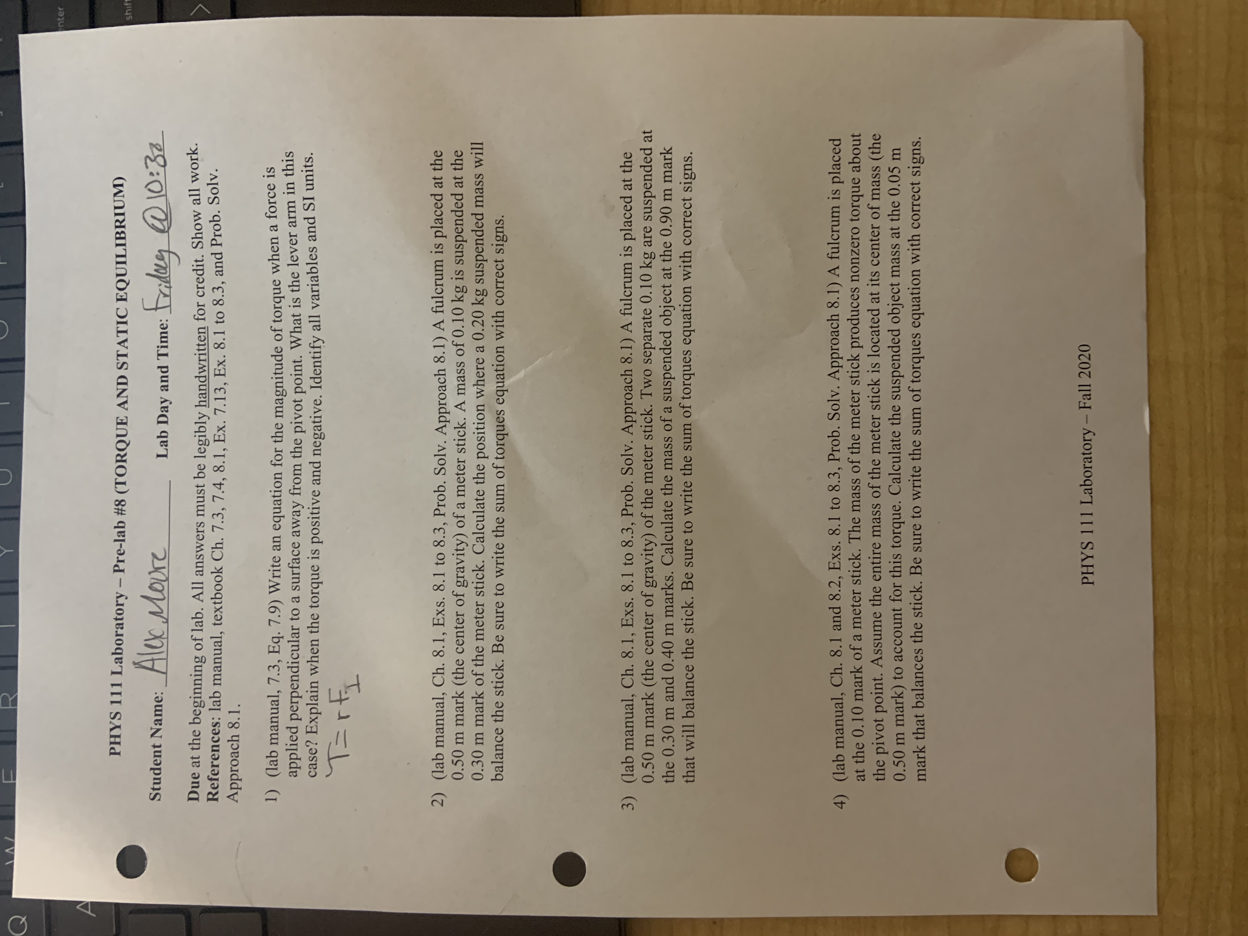  PHYS 111 Laboratory - Pre-lab #8 (TORQUE AND STATIC EQUILIBRIUM) Student