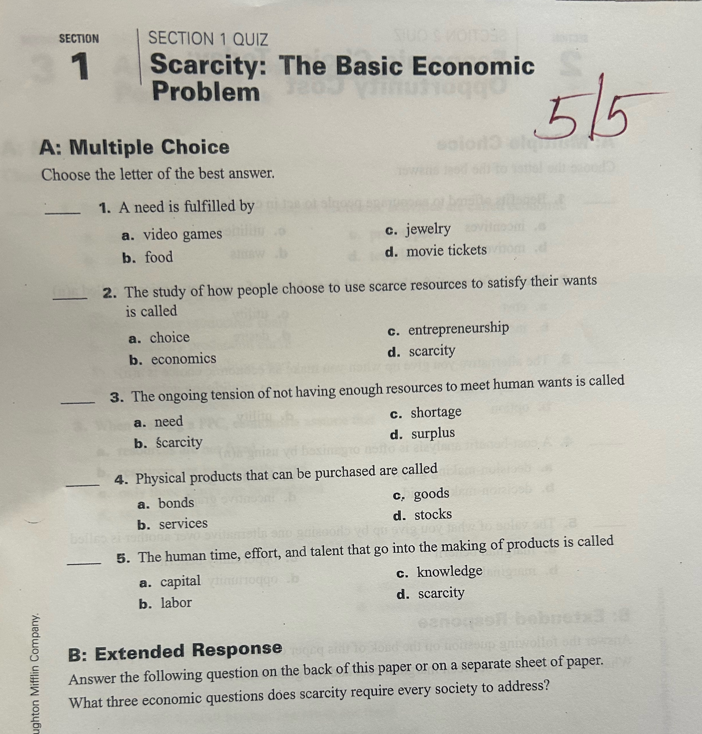 answer 1-5 aswell as B: Extended Response SECTION SECTION 1 QUIZ 1