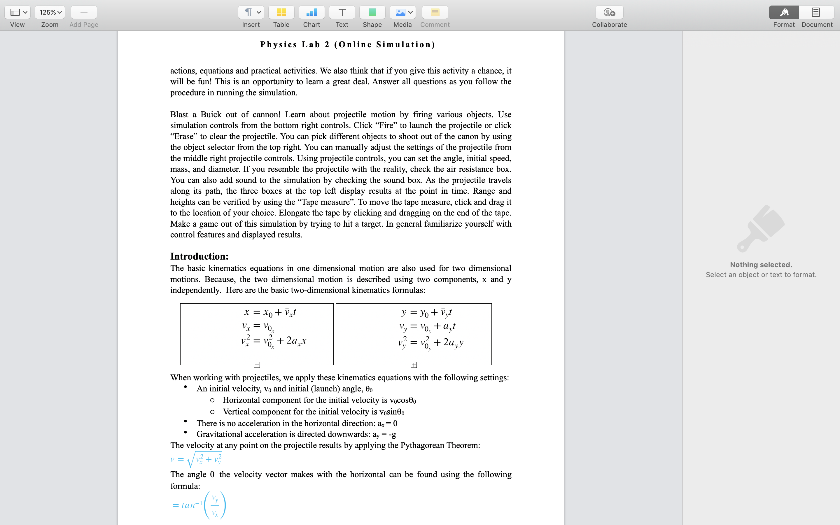 Chart Text Shape Media Comment Collaborate Format Document Simulation Activity #2: Projectile