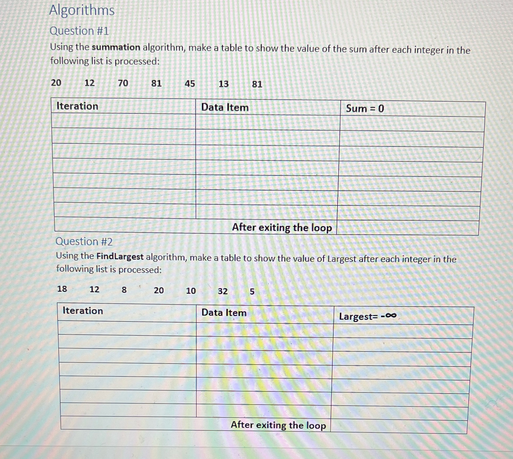 Algorithms Question #1 Using the summation algorithm, make a table to