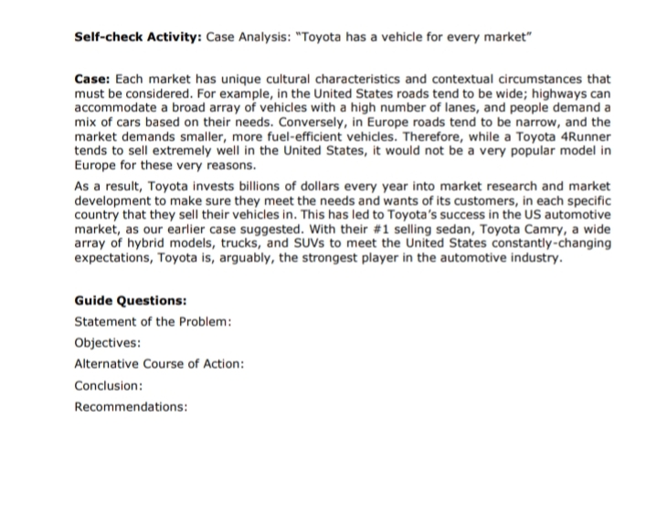 i badly need some help please po Self-check Activity: Case Analysis: "Toyota