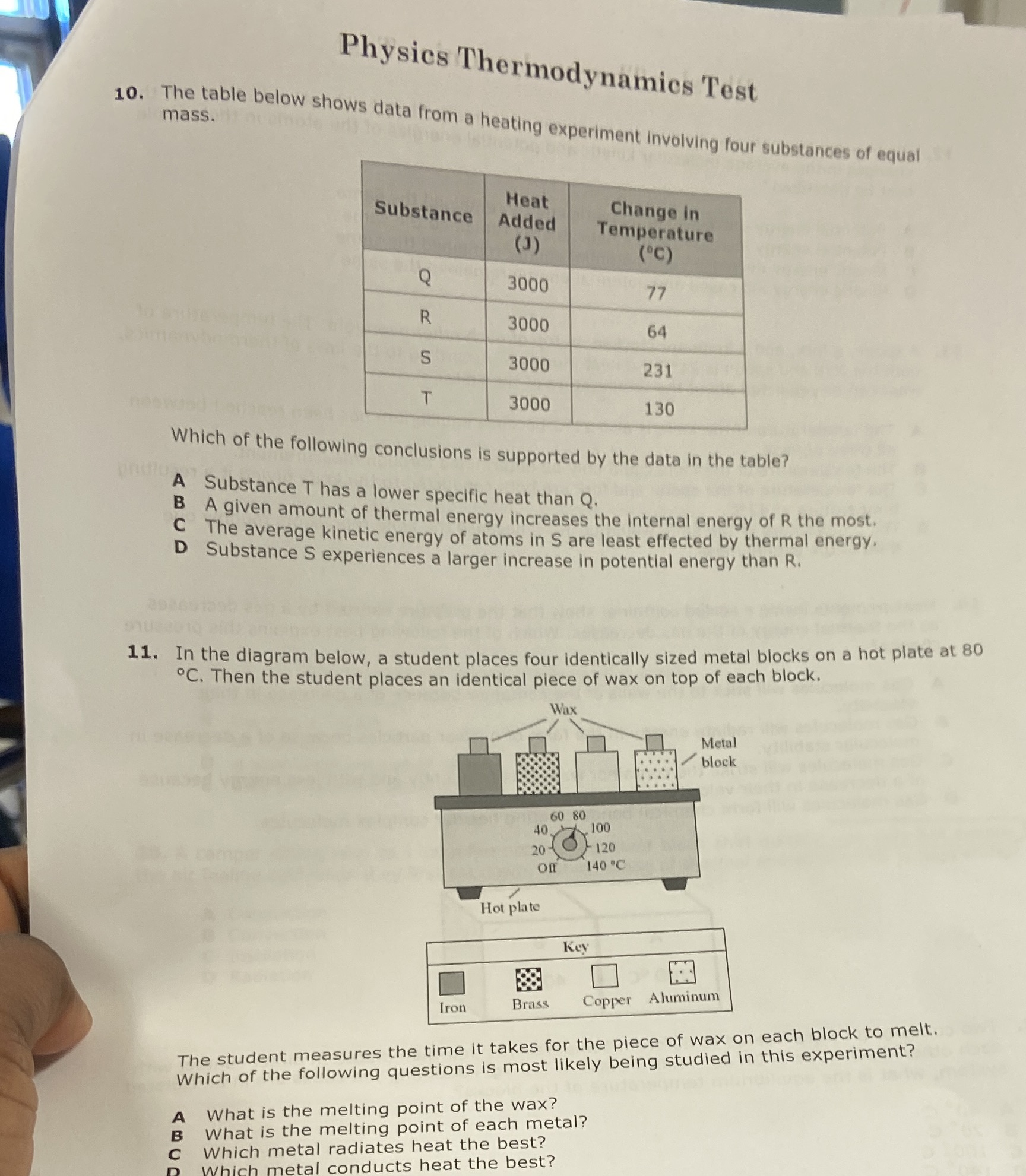 Physics Thermodynamics Test mass. 10. The table below shows data from