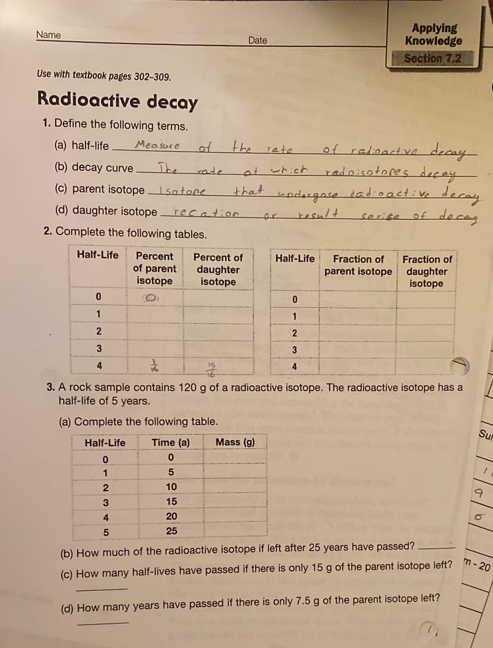 Applying Name Date Knowledge Section 7.2 Use with textbook pages 302-309.