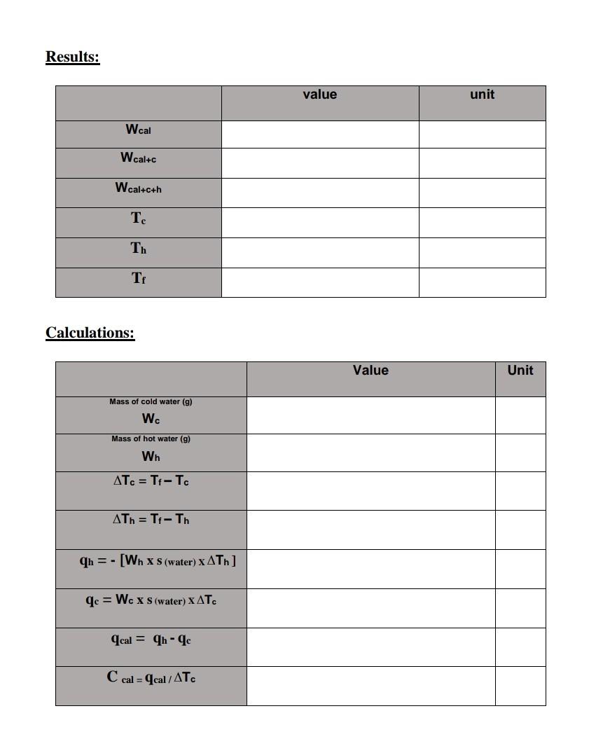 want results 1. Calculate the weight of the cold distilled water in