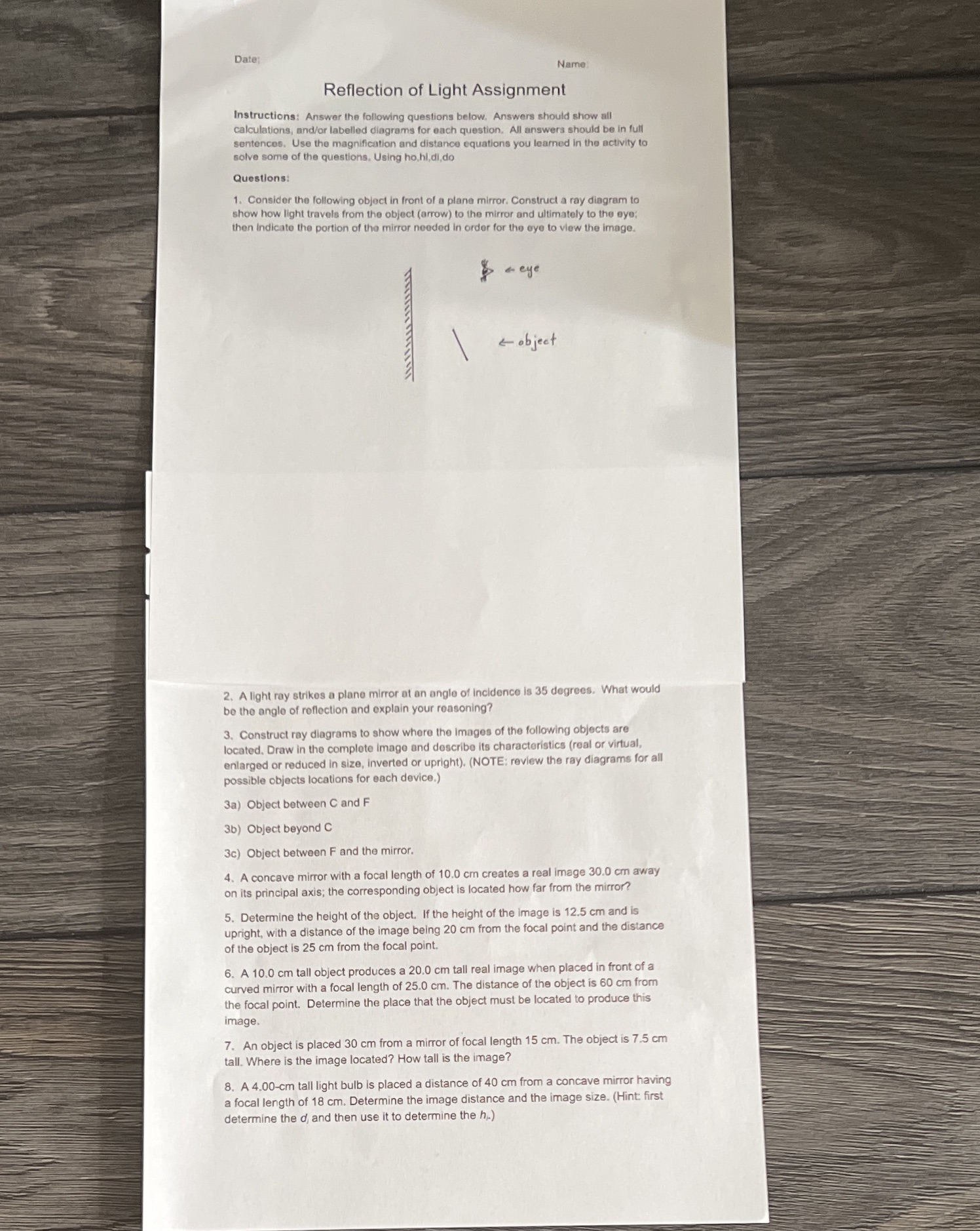 Form 1-8 using do,di,hi,ho Date: Name Reflection of Light Assignment Instructions: Answer