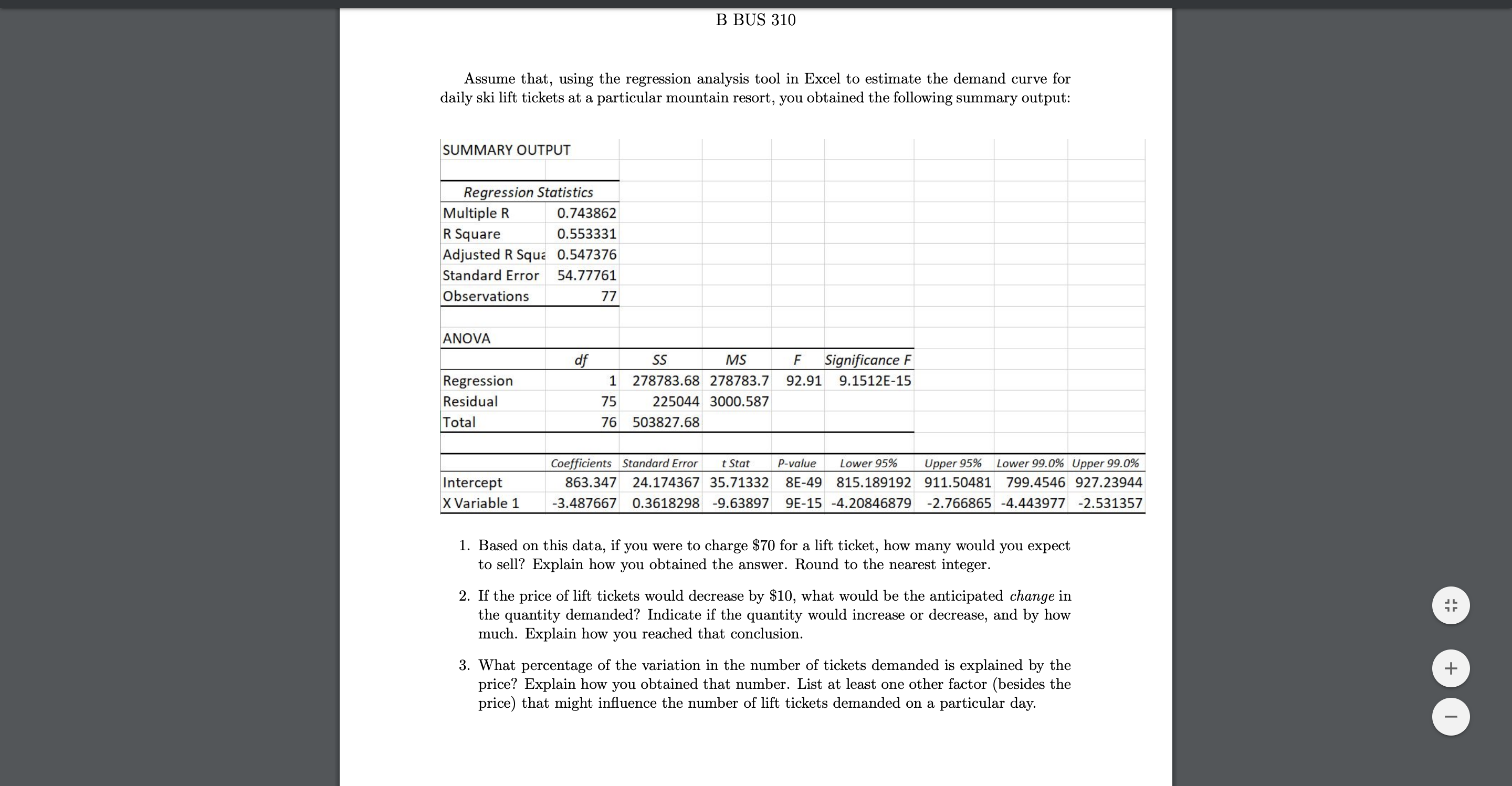 B BUS 310 Assume that, using the regression analysis tool in