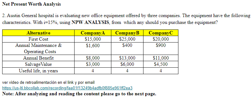 Net Present worth analysisproblem #2 Net Present Worth Analysis 2. Austin General