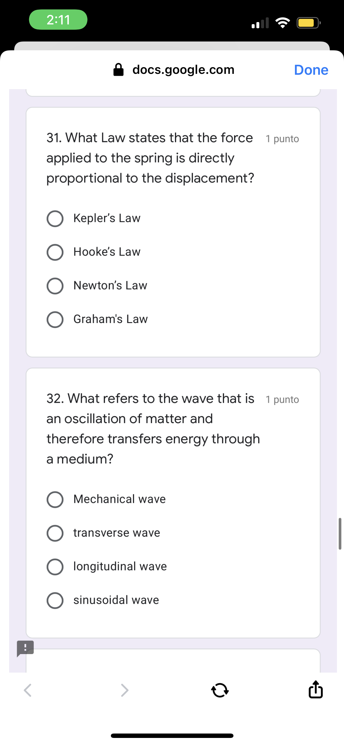  docs.goog|e.com Done 31. What Law states that the force 1 punto