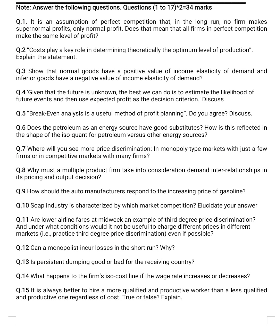 Managerial ecnomics, I need this urgent Note: Answer the following questions. Questions